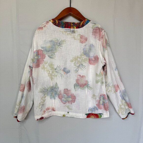 Chico's 100% Linen Ivory Water Color Floral Tie Front Long Sleeve Top Size M - Picture 11 of 13
